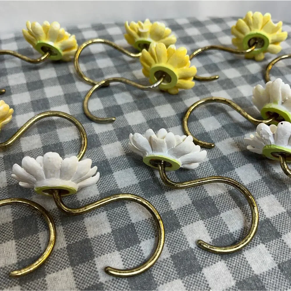 Vintage Shower Curtain Hooks Chrysanthemum Yellow White Brass Tone Set of 12